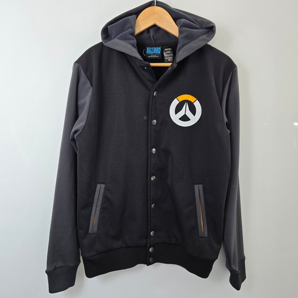 Blizzard Overwatch Varsity Jacket Hoodie Mens M Black Gray Snap Front hooded‎